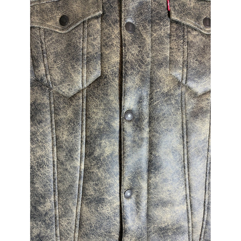 Levis Mens XXL Sherpa Lined Faux Leather Trucker Jacket Distressed Brown Tan - Picture 3 of 10